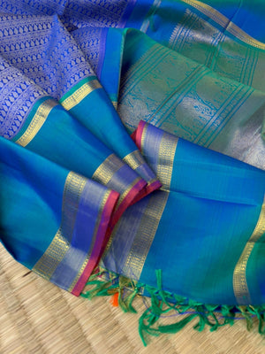 Haritham - Heirloom Yarn Play on Kanchivaram - absolutely stunning ms blue varusai pett woven body with beautiful gold zari woven borders pallu