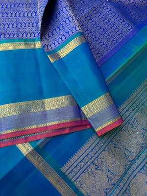 Haritham - Heirloom Yarn Play on Kanchivaram - absolutely stunning ms blue varusai pett woven body with beautiful gold zari woven borders pallu