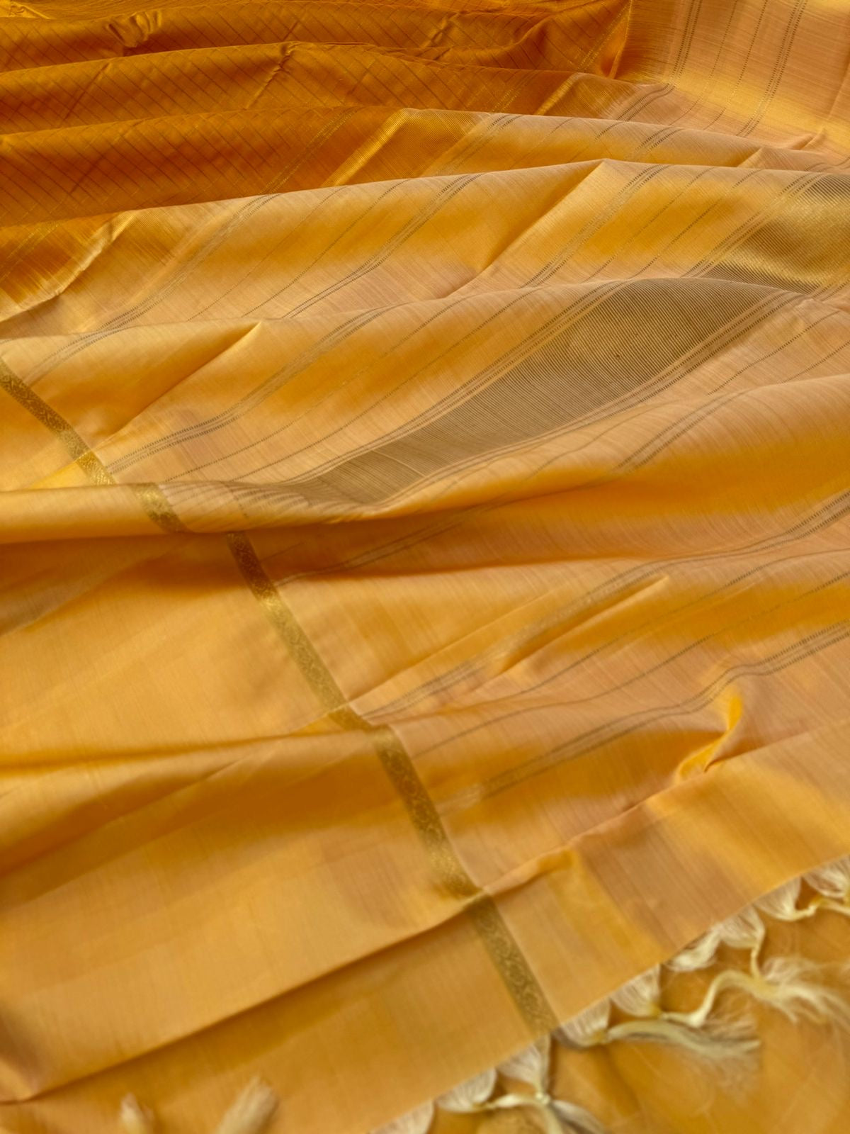 Pastel Ragas on Kanchivaram - deep mustard kattam borders with creamy yellow woven borders