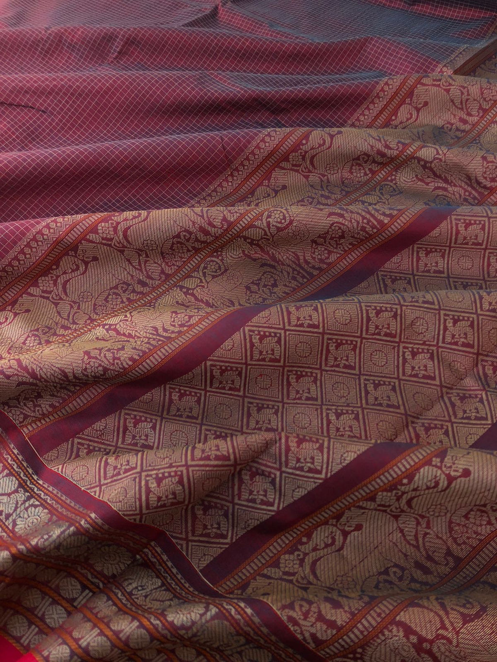 Woven Motifs Silk Cottons - unusual blue mixed red posi kattam with thread woven borders and stunning pallu