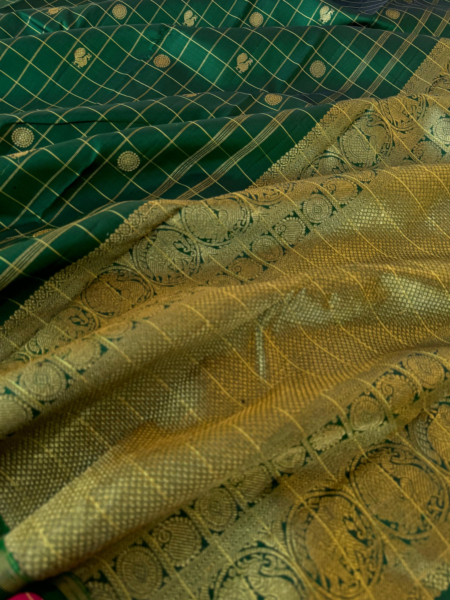 Kanchivaram Trunk - Every Day Essential Kanchivarams | deep Meenakshi green and gold borderless Kanchi with contrast pink blouse