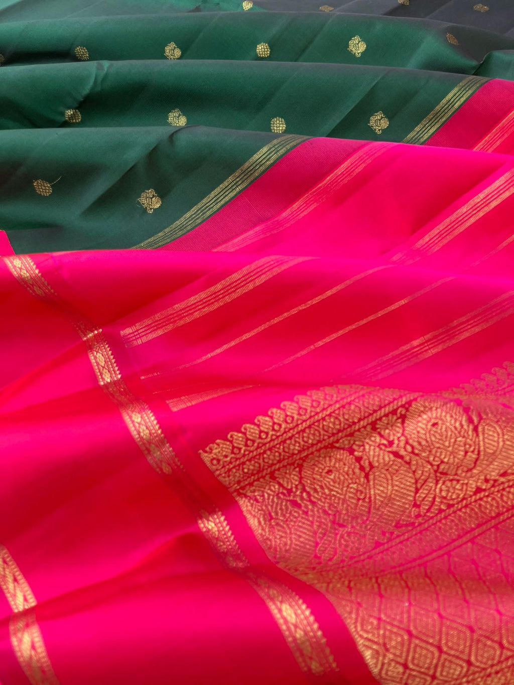 Meenakshi Kalayanam - Authentic Heirloom Korvai Kanchivarams - traditional deepest dark Meenakshi green and indian pink