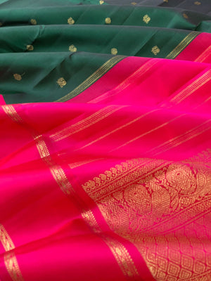 Meenakshi Kalayanam - Authentic Heirloom Korvai Kanchivarams - traditional deepest dark Meenakshi green and indian pink