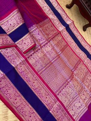 Traditional Colours Woven Motifs Silk Cotton - purple pink lakshadeepam with black buttas