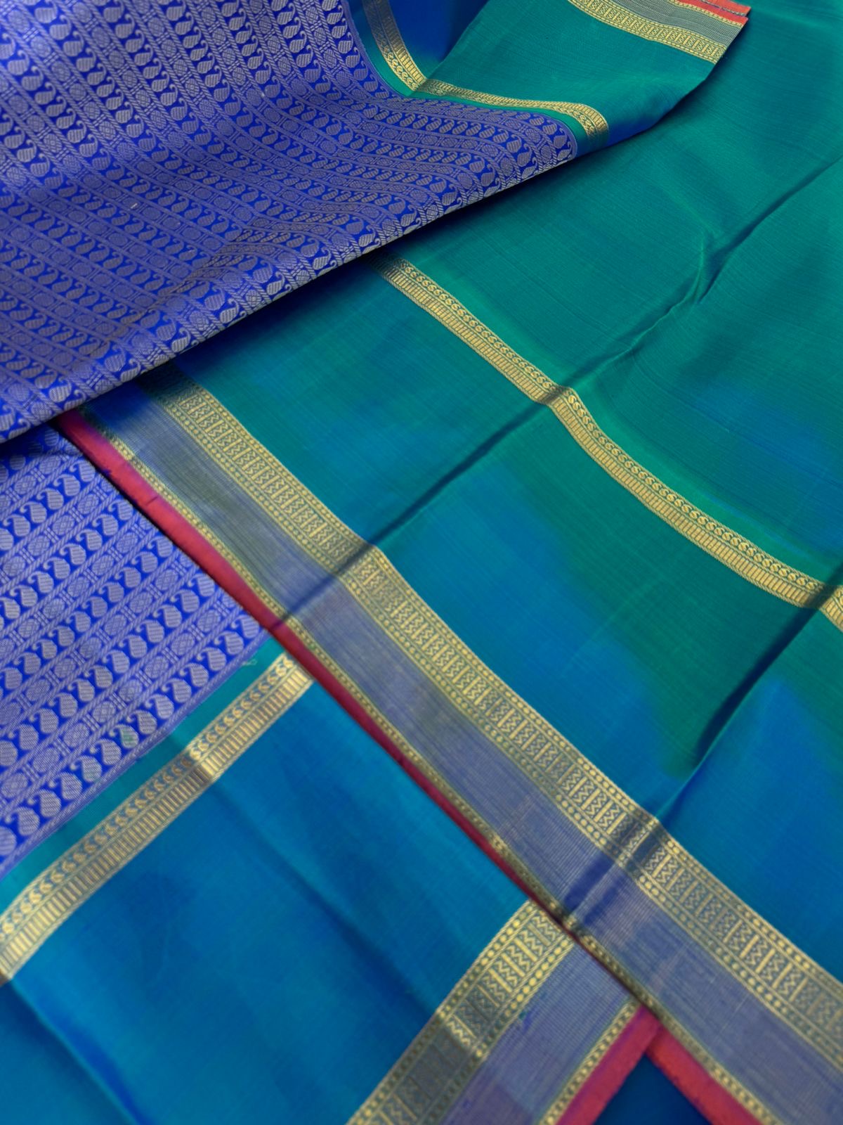 Haritham - Heirloom Yarn Play on Kanchivaram - absolutely stunning ms blue varusai pett woven body with beautiful gold zari woven borders pallu