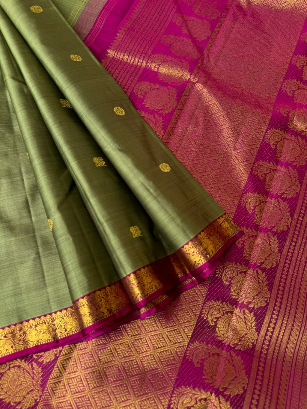 Shree - Stunning Small Border Kanchivarams - burnt elachi green and majenta