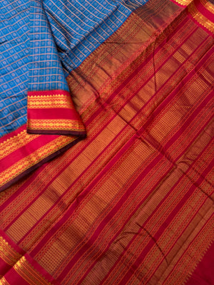 Divyam - Korvai Silk Cotton with Pure Silk Woven Borders - burnt blue and red 1000 buttas