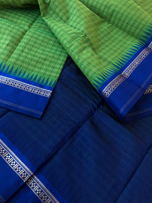 Mira - Our Exclusive Cotton body with Pure Silk Korvai Borders - parrot green and ms blue Lakshadeepam