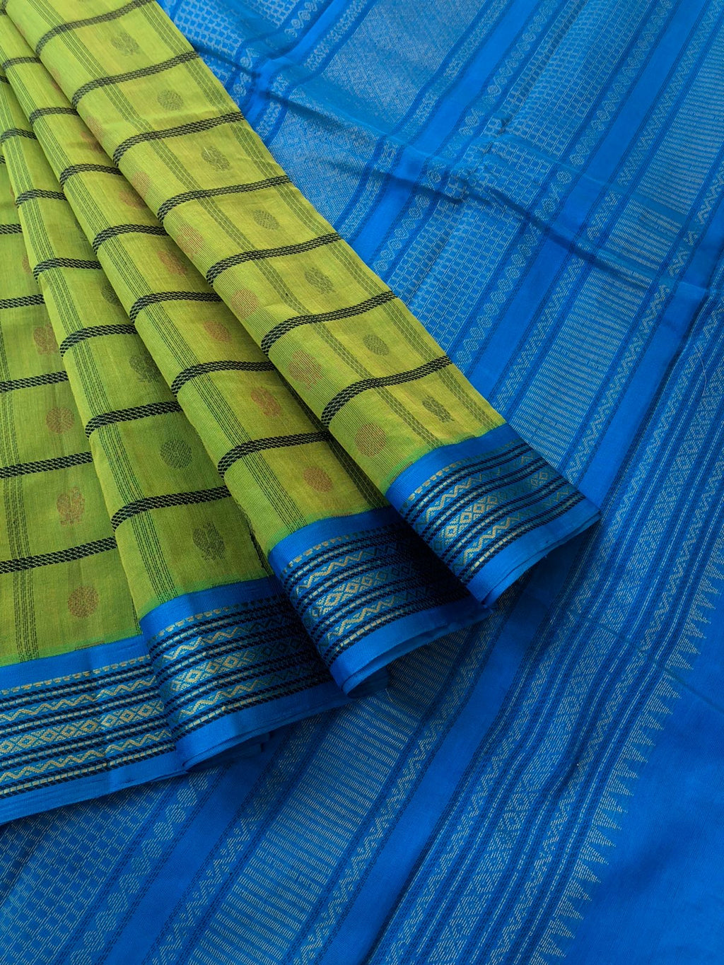 Divyam - Korvai Silk Cotton with Pure Silk Woven Borders - apple green and blue 1000 buttas