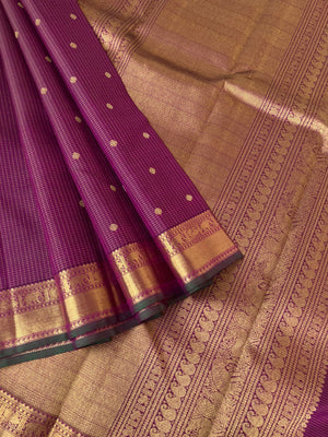 Treasures of Kanchivaram - Solid Gold Zari Woven Border Kanchivarams - stunning deep purple and gold Vairaoosi kattam with gorgeous pallu