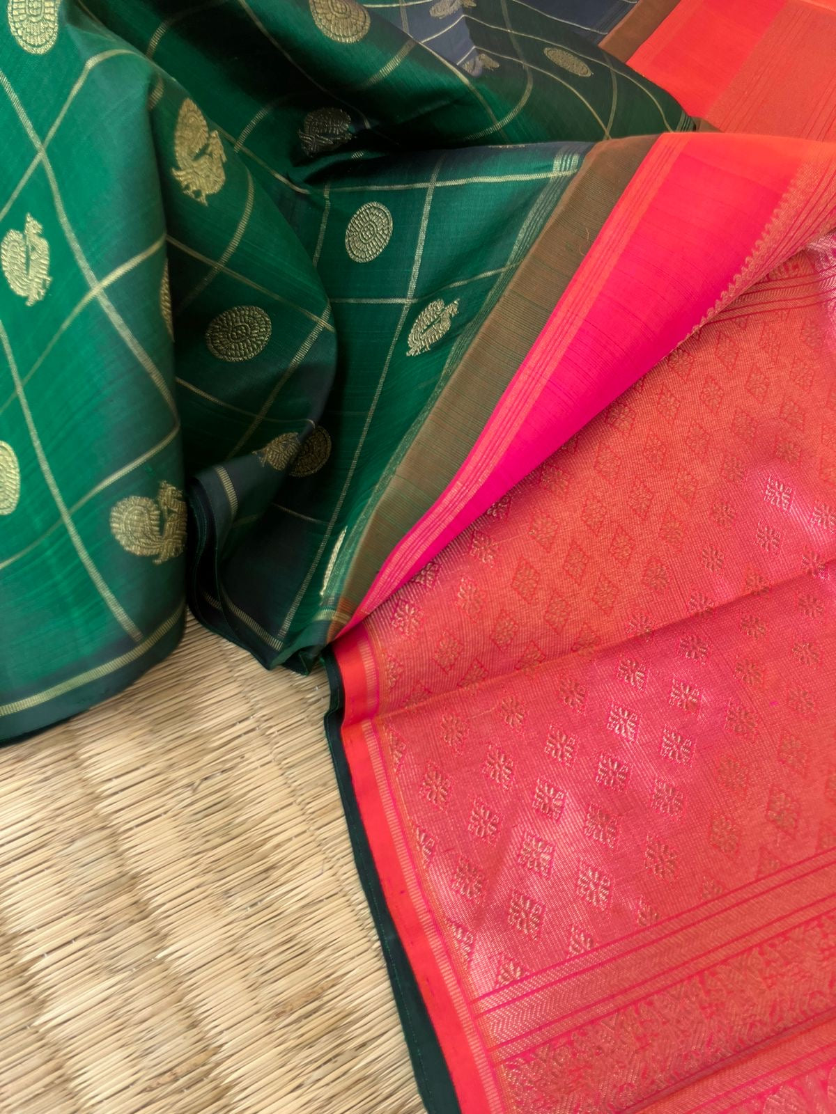 Mohaa - Beautiful Borderless Kanchivarams - deep dark Meenakshi green with orange short pink pallu and blouse