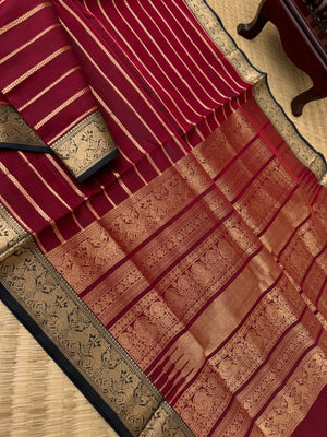 Zari Kissed Silk Cotton - wine maroon veldhari with black yali woven borders