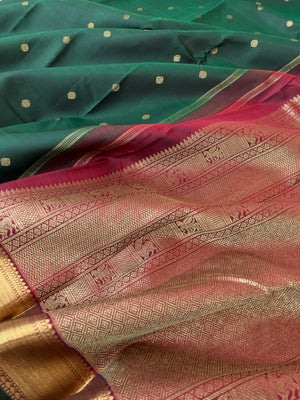 Treasures of Kanchivaram - Solid Gold Zari Woven Border Kanchivarams - the amazing deep dark Meenakshi green and maroon