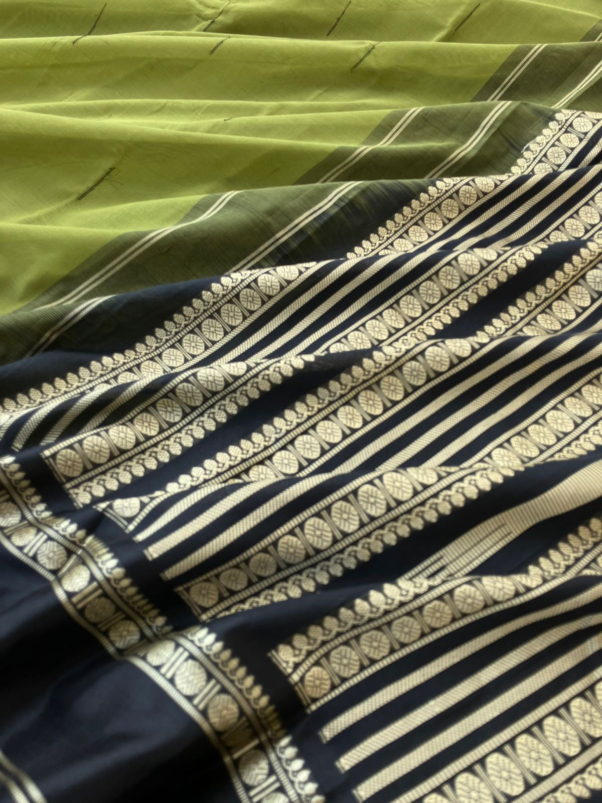 Mira - Our Exclusive Cotton body with Pure Silk Korvai Borders - gorgeous green and black malli mokku