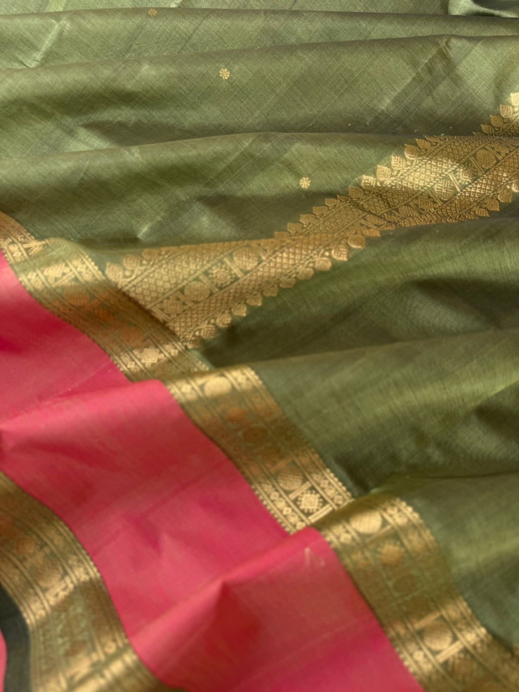 Zari Kissed Silk Cotton - burnt elachi green with retta pett woven borders