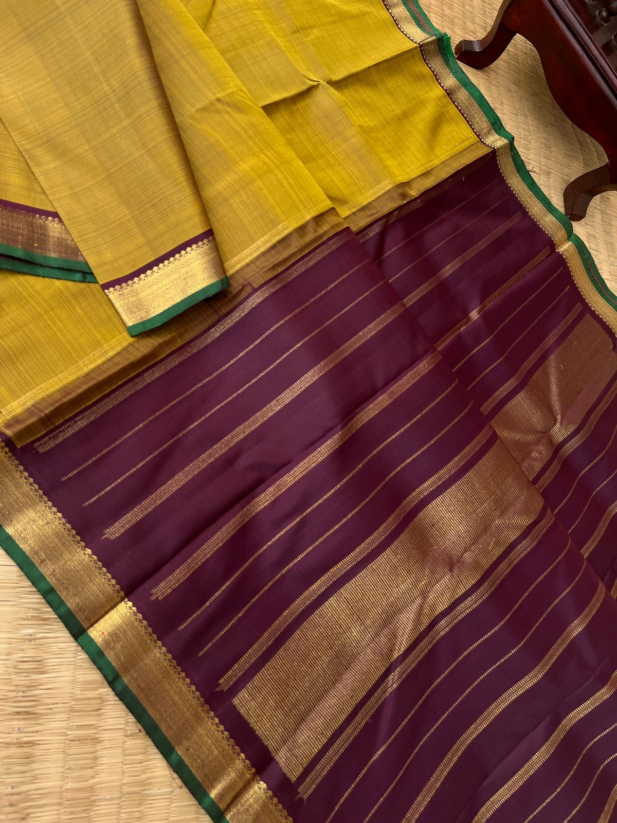 Shree - Stunning Small Border Kanchivarams - molten fenugreek and coffee brown