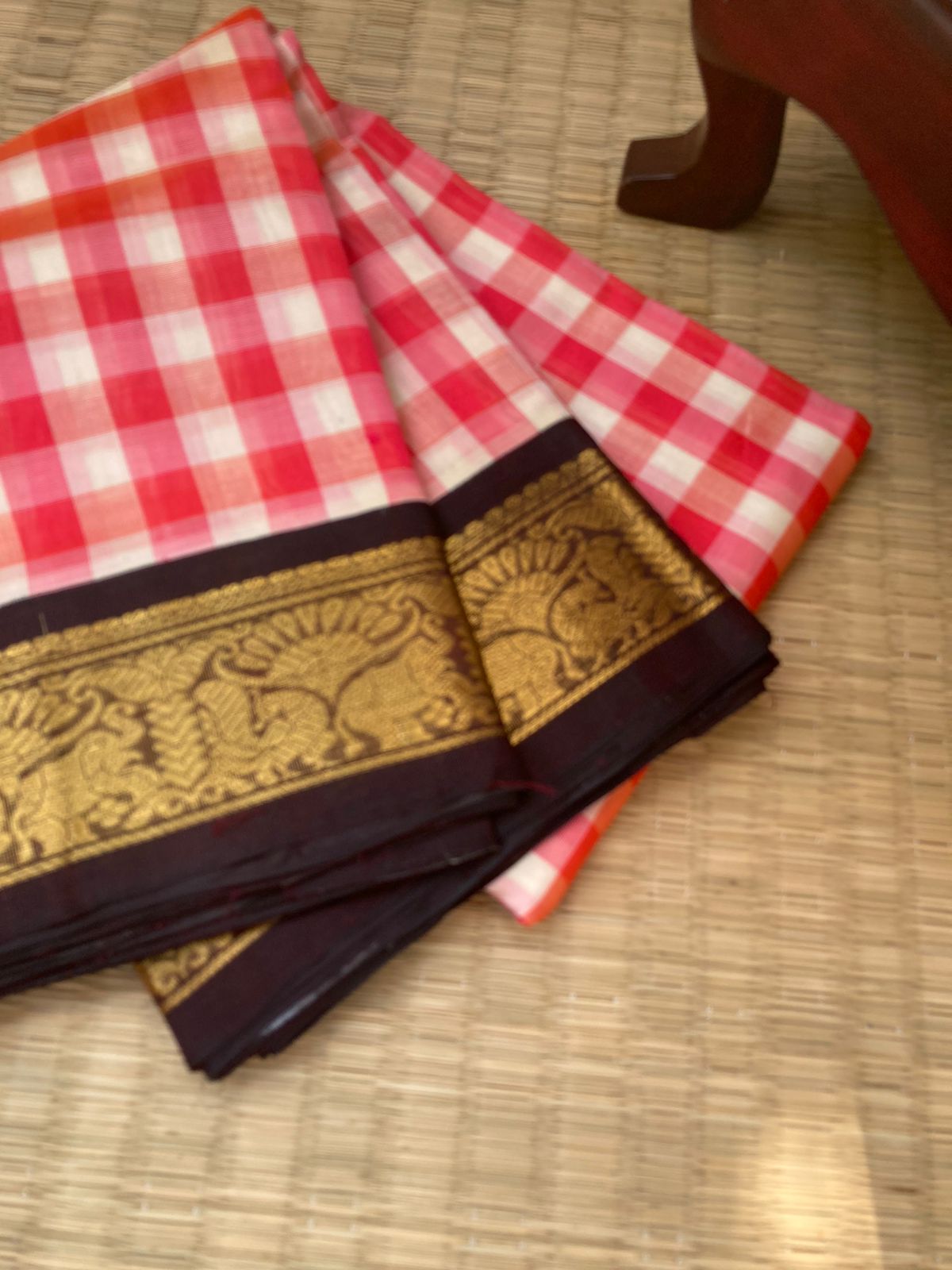 Paalum Palamum Kattams Korvai Silk Cottons - off white and red with coffee bean