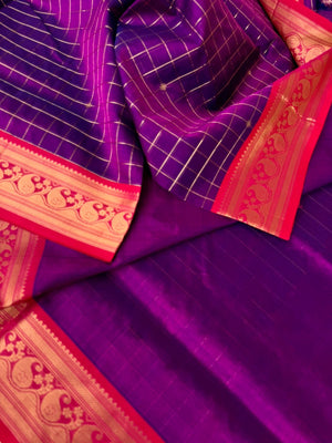 Zari Kissed Silk Cotton - most beautiful dual tone purple muthukattam with paisley woven borders