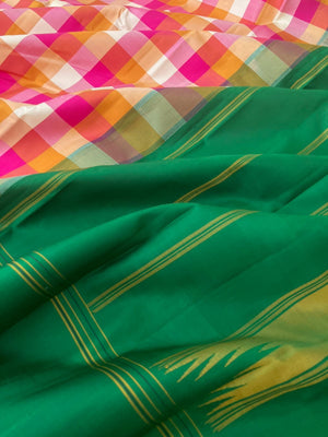 Paalum palamum kattam on Kanchivaram - pink mustard and cream paalum palamum chex with bottle green borders pallu and blouse