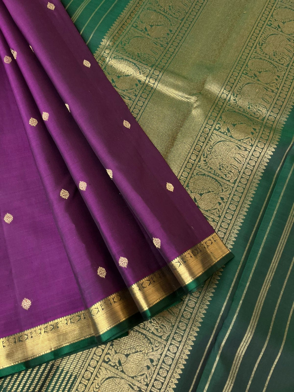 Swarnam - Stunning Small Border Kanchivarams - deep dark brinjal purple and Meenakshi green