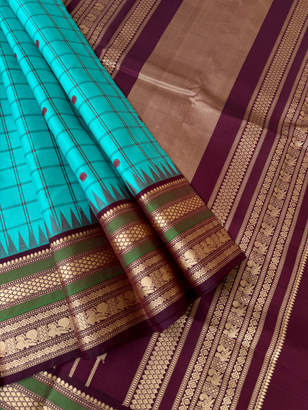 Sahasram - turquoise with chex buttas with burgundy pallu and blouse