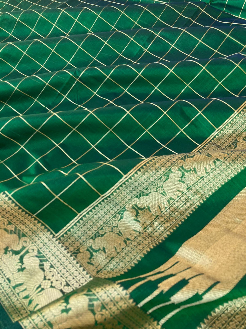 Zari Kissed Silk Cotton - Meenakshi green zari kattam with elephant and lotus woven borders