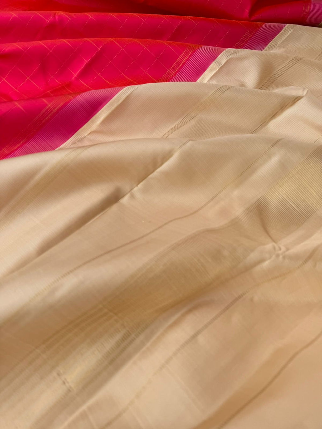 Bliss of Kanchivaram - orange short pink chex woven body with ivory cream pallu and blouse