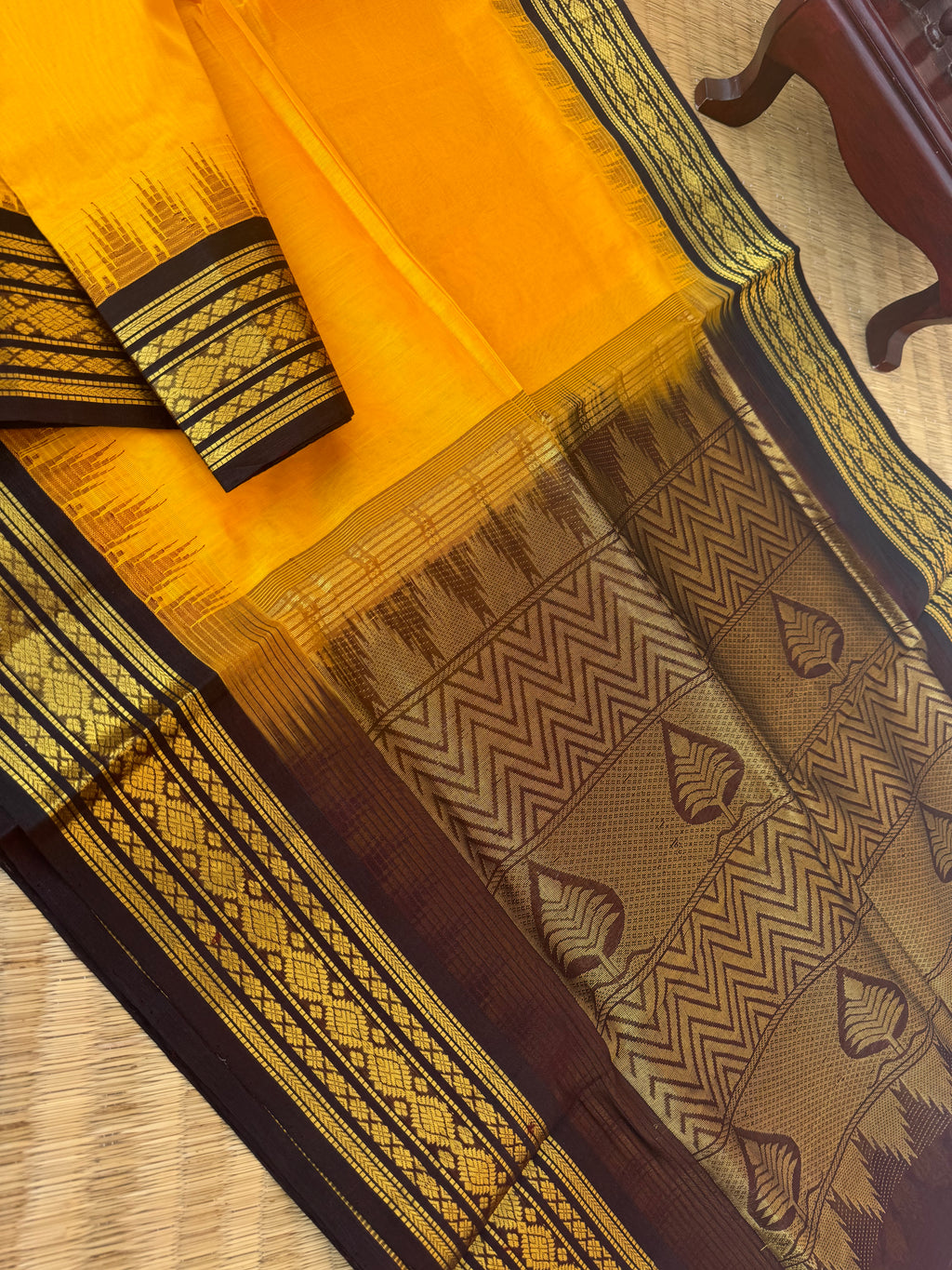 Korvai Silk Cotton - mustard and coffee bean brown