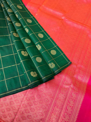 Mohaa - Beautiful Borderless Kanchivarams - deep dark Meenakshi green with orange short pink pallu and blouse