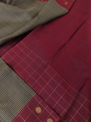 Radhee - Rare Find Kanchivarams - black grey podi kattam with wine maroon borders pallu and blouse