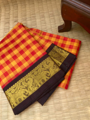 Paalum Palamum Kattams Korvai Silk Cottons - mustard and red chex with coffee bean