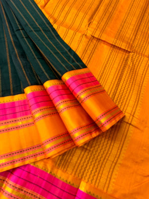 Divyam - Korvai Silk Cotton with Pure Silk Woven Borders - forest green and mustard vertical veldhari