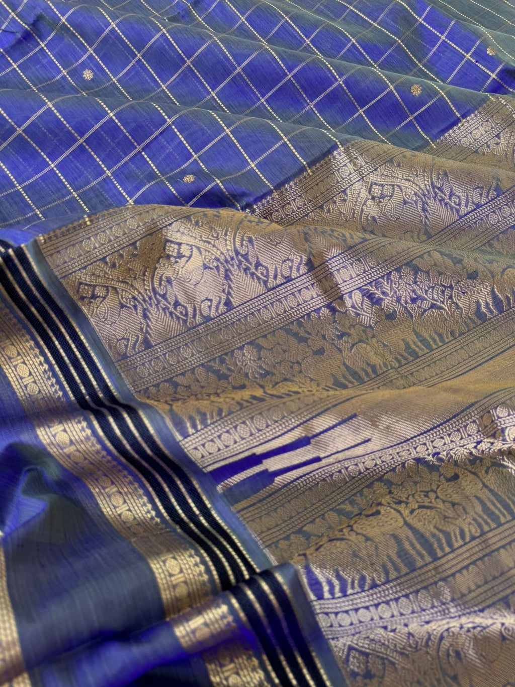 Zari Kissed Silk Cotton - gorgeous unusual blue muthu kattam