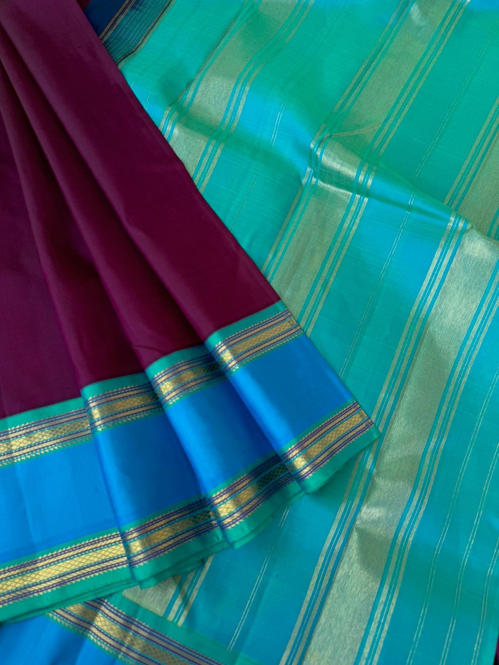 Connection Made By Korvai - deep dark purple and sulphate blue border with aqua blue pallu and blouse