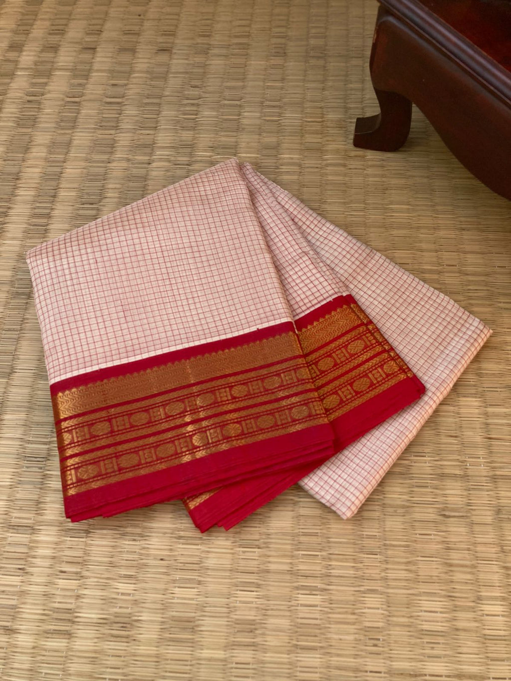 Kattams on Korvai Silk Cottons - off white  and deep red podi kattam