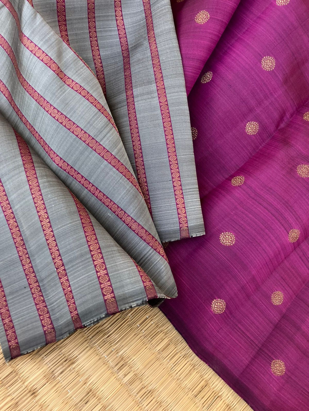 Album Untoched - Uniquely woven Kanchivarams - unusual grey and dark pink vertical 8 kol veldhari with buttas woven pallu and blouse