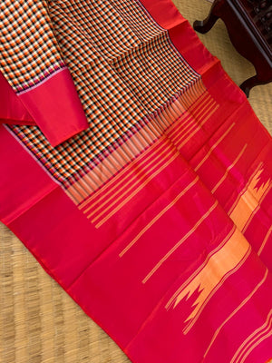 Bliss of Korvai Kanchivaram - orange cream and pink kottadi kattam with orange short pink pallu and blouse