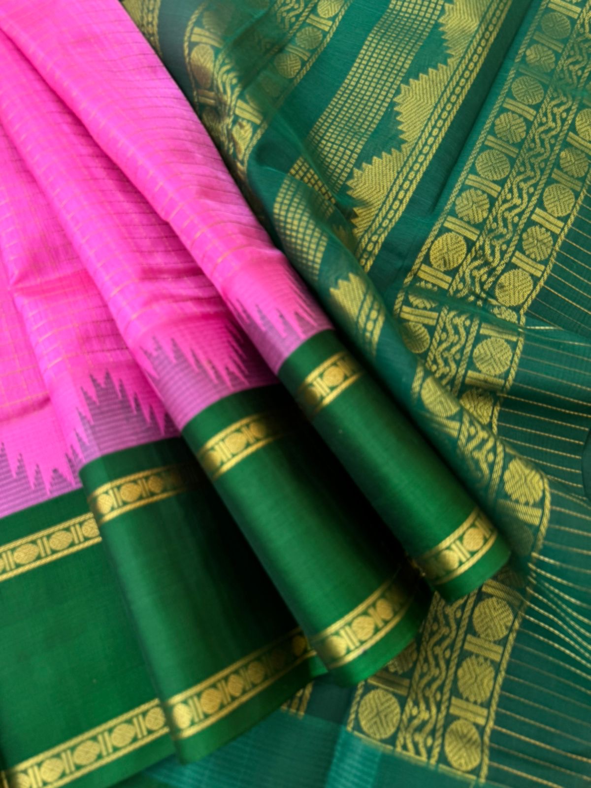 Kattams on Korvai Silk Cotton - rose pink and Meenakshi green