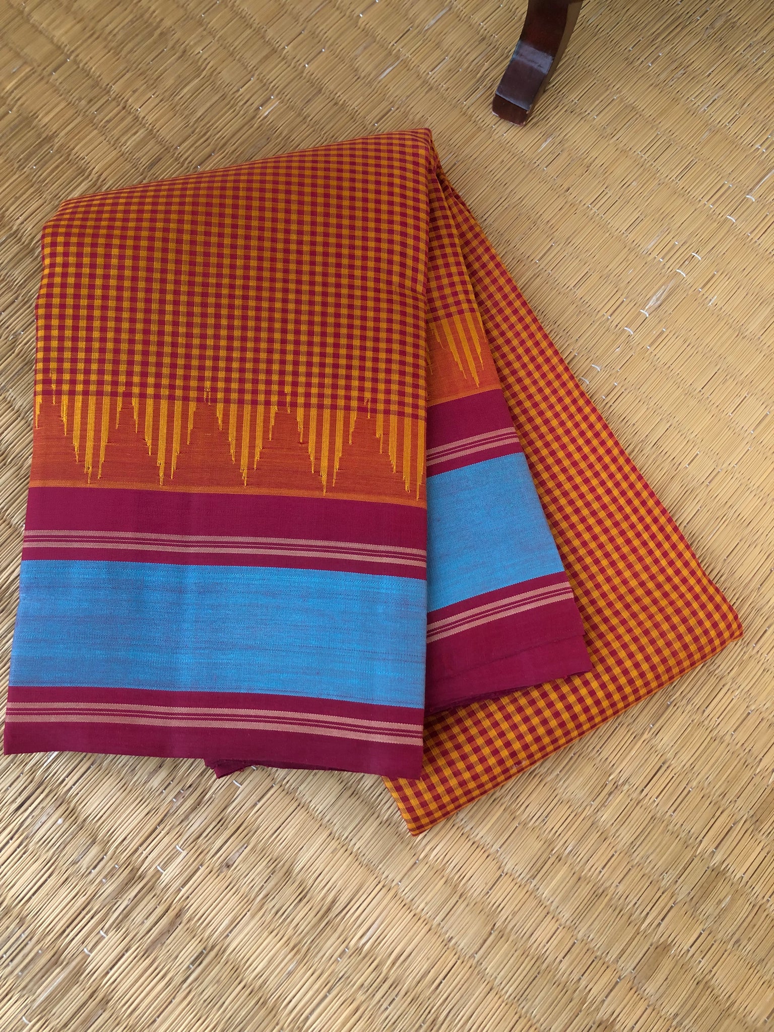 Signature Korvai Silk Cottons - mustard and aaraku kasa kasa kattam with burnt blue borders and aaraku pallu blouse