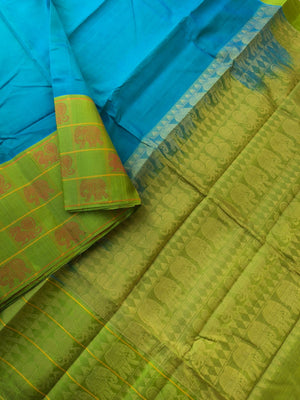 Korvai Silk Cotton with Pure Silk Woven Borders - ram blue and green