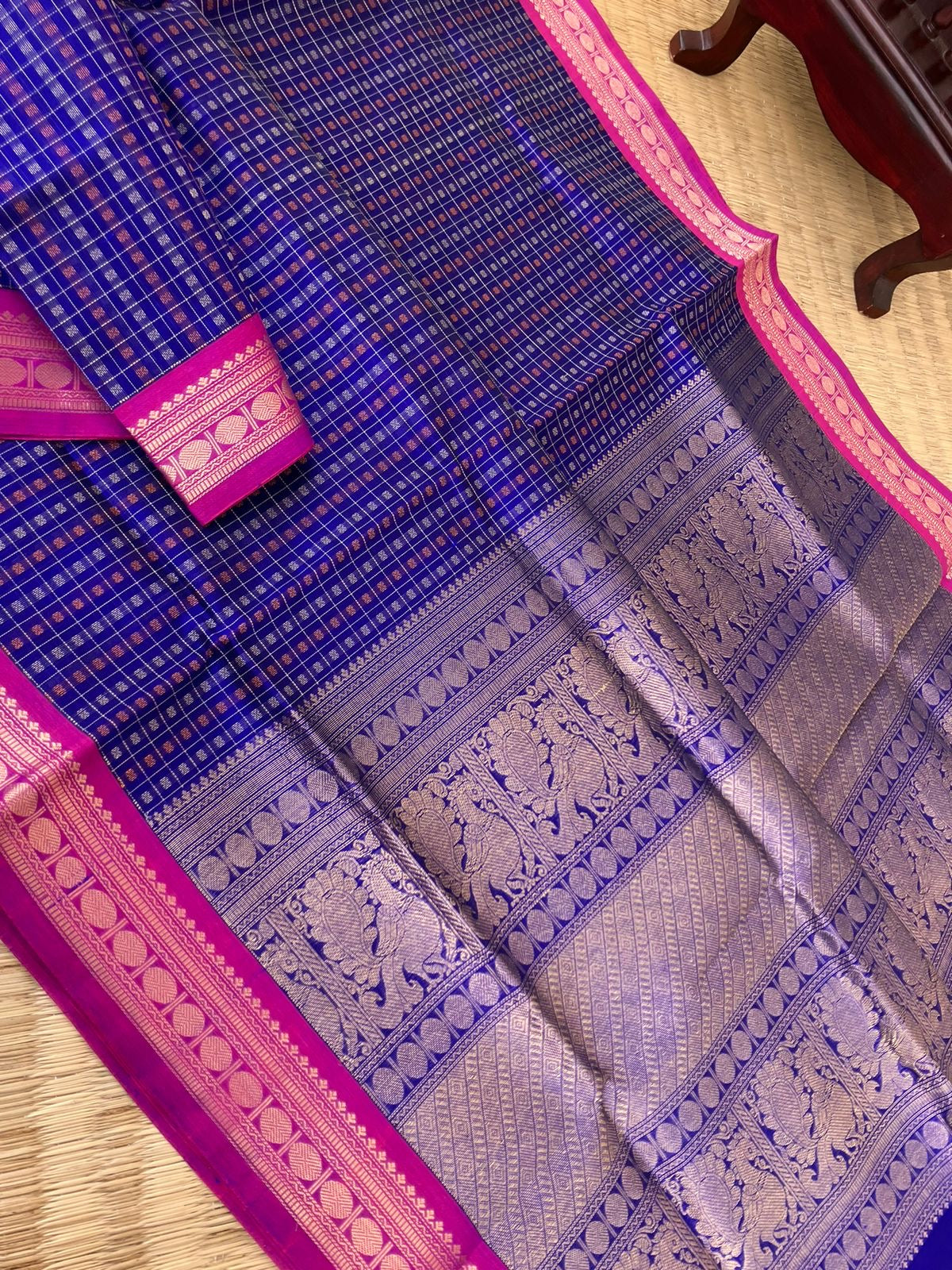 Traditional Colours Woven Motifs Silk Cotton - royal blue lakshadeepam