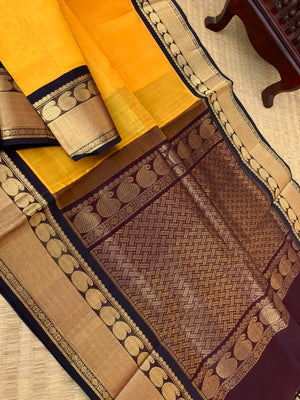 Korvai Silk Cotton - yellow and brown with paisley woven borders