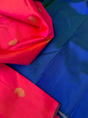 Mohaa - Beautiful Borderless Kanchivarams - dual tone short pink and peacock blue pallu and blouse