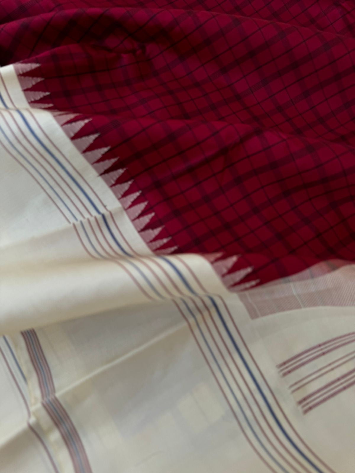 Bliss of Korvai Kanchivaram - dark kum kum red and off white