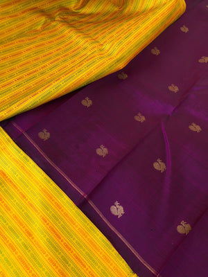 Mohaa - Beautiful Borderless Kanchivarams - beautiful yellow and deep purple with full body woven with silk thread vertical weave