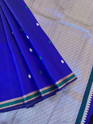 Woven from Memories - Beautiful No Zari Kanchivarams - ink blue and buttas