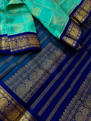 Korvai Silk Cotton - aqua blue and ink blue mayil chackaram