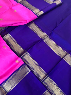 Meenakshi - Kanchivaram for Every Occasion - the traditional age old vintage combination of deep paneer rose and ms blue retro vintage style woven borders