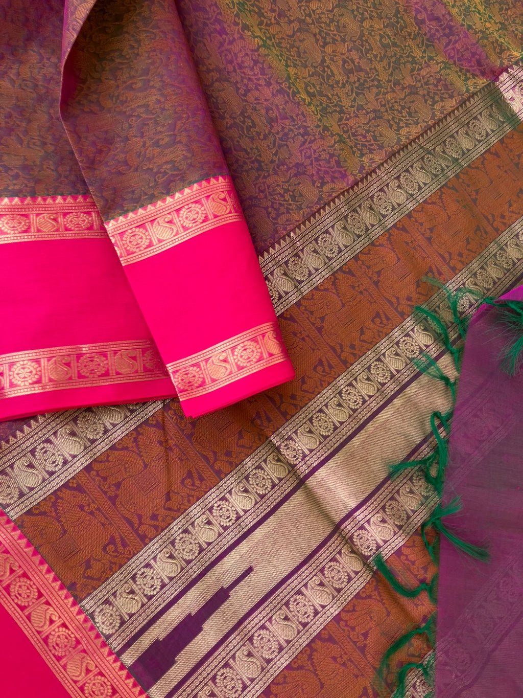 Woven Motifs Silk Cotton - stunning short pink and green vanasingaram