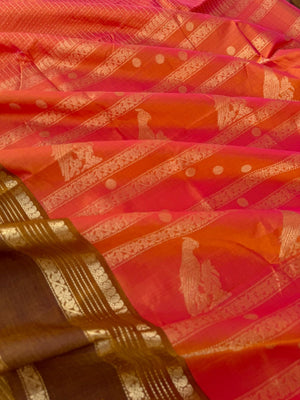 Zari Kissed Silk Cotton - gorgeous pink short orange lakshadeepam body with parrots woven pallu